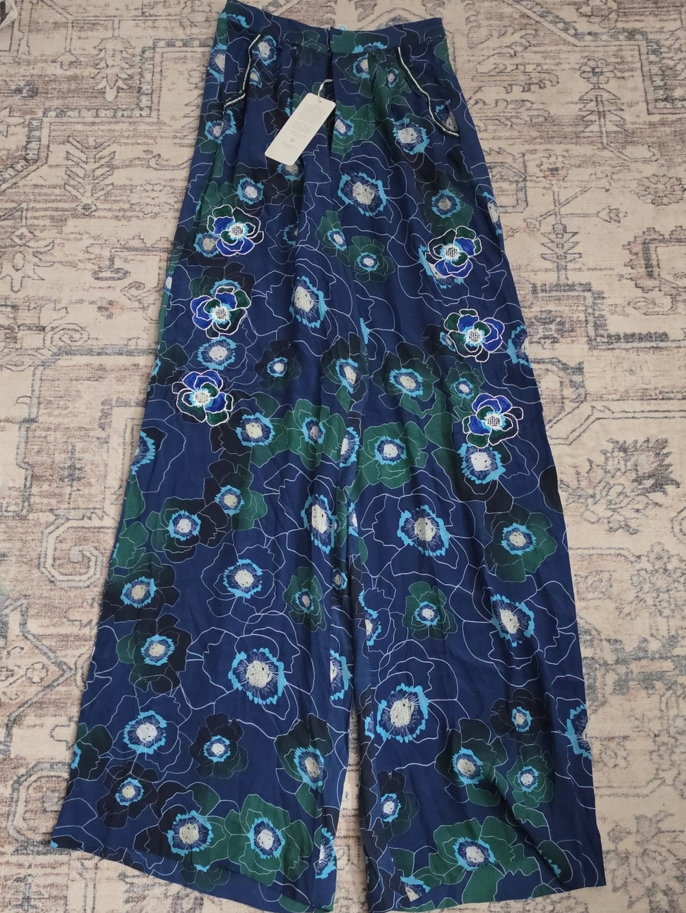 New TAJ By Sabrina Crippa Women's Large Wide-Leg Floral Pants - Navy Blue